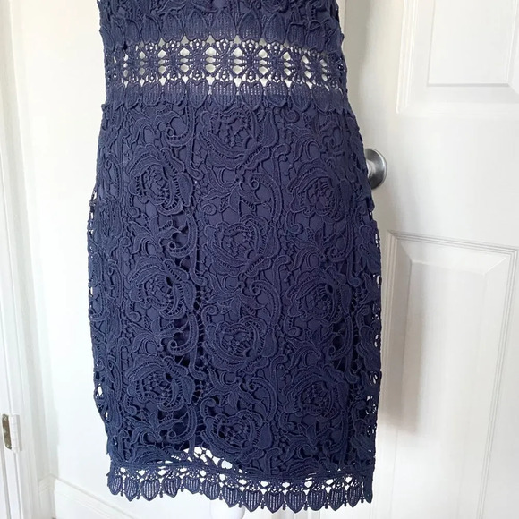 Mademoiselle Philip Marc Navy Blue Floral Lace Sleeveless Midriff Mini Dress - Picture 3 of 13